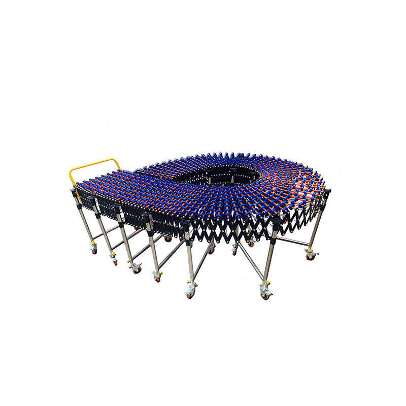 Telescopic turning conveyor, an extendable and bendable loading/unloading assembly line, warehouse logistics conveying equipment.