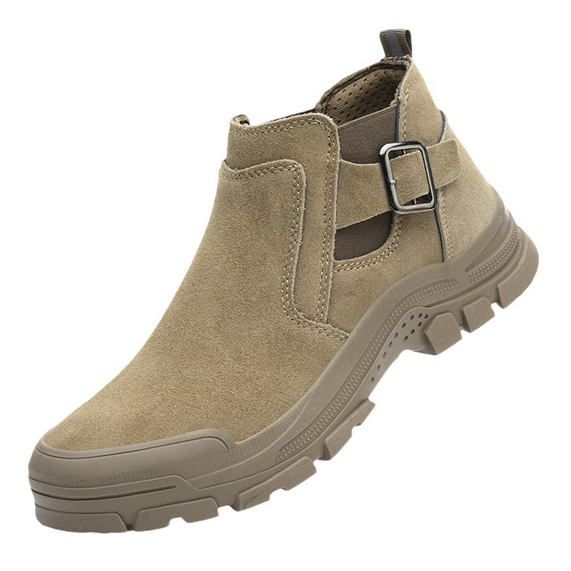 Impact‑Resistant Shoes, Cowhide Leather Safety Work Boots with Breathable Moisture‑Wicking Mesh Inner Lining & Side Elastic Cord Cinch Easy On‑and‑Off Design